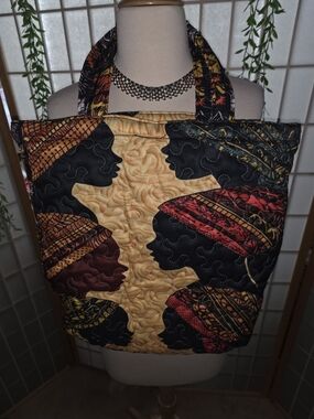 Quilted African-Print Tote Bag in Black, Gold & Red